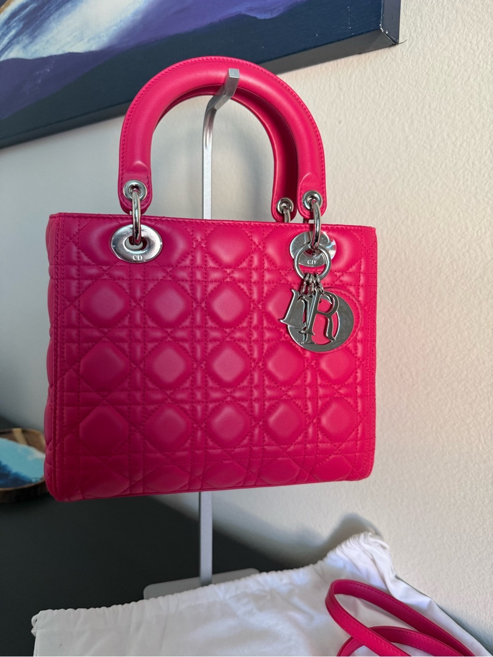 Christian Dior Medium Lady Dior in stunning fuchsia lambskin w/ silver hardware - Picture 2 of 6